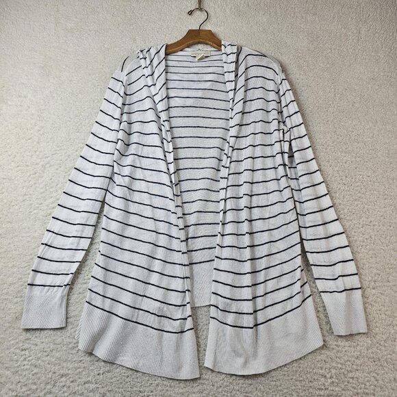Cynthia Rowley Cardigan Women's Medium White Blue Small Stripe Hood Linen Rayon - Picture 1 of 10